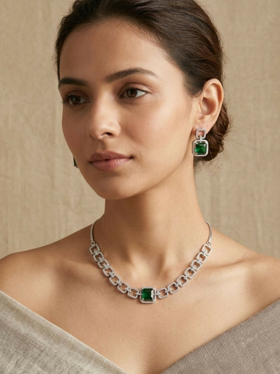 Classic Silver Plated American Diamond Necklace Set | SHOBITAM