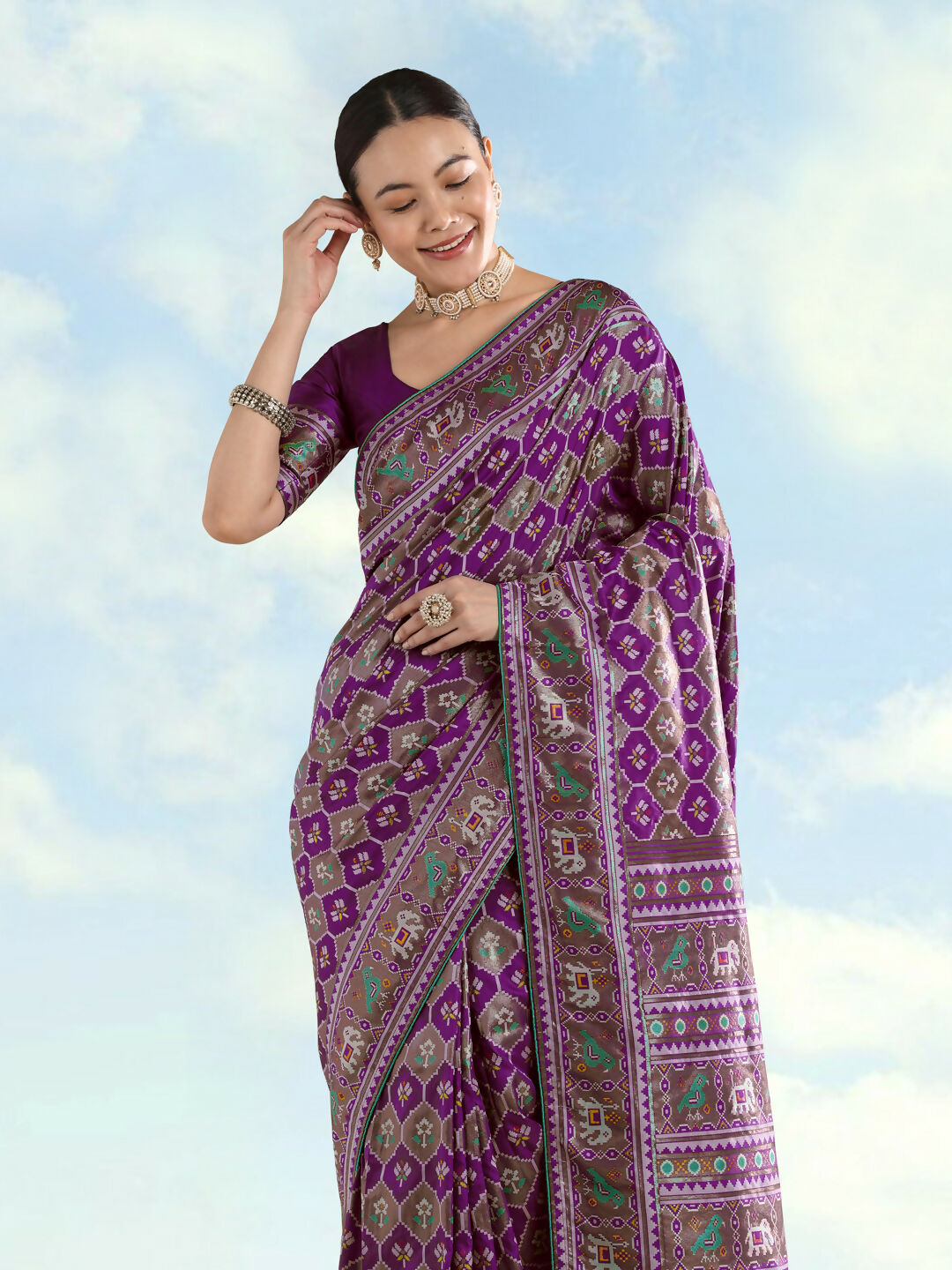 Purple Semi Banarasi Satin Silk Saree With Patola Work | SHOBITAM