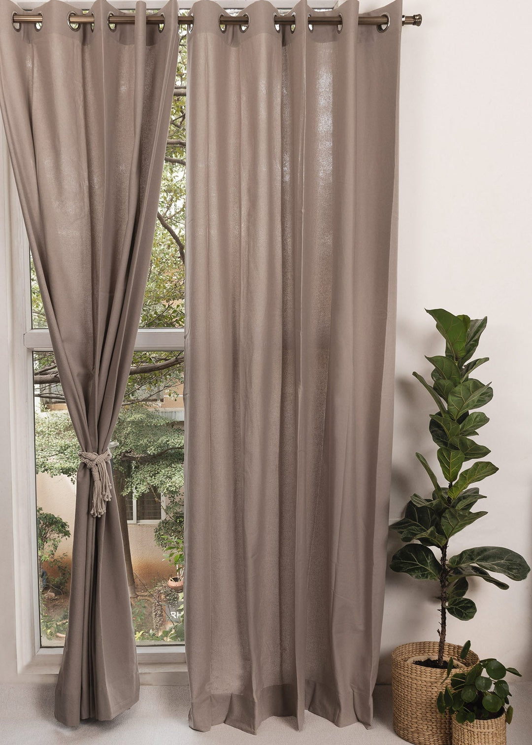 Solid Walnut Grey 100% cotton plain curtain for bedroom - Room darkening - Single Piece | SHOBITAM