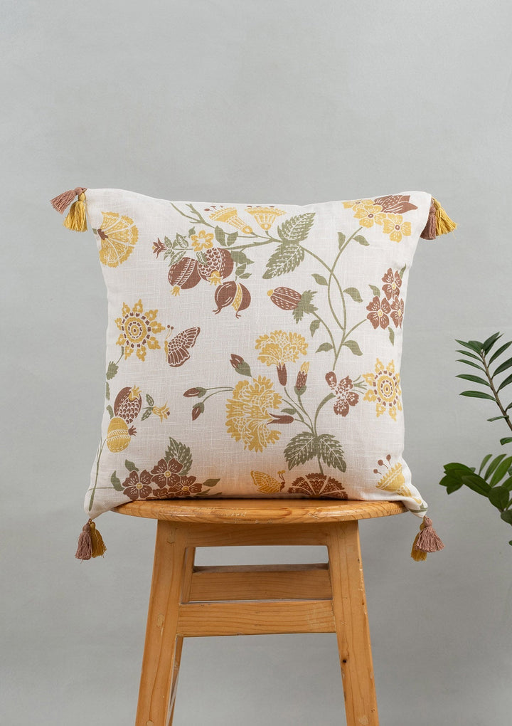 Waltz Multicolor Printed Floral Cushion Cover for Sofa with Tassels – 100% Cotton 16" x 16" | SHOBITAM