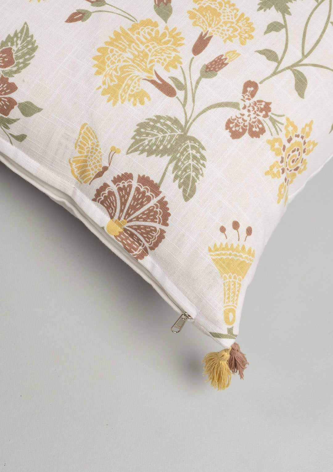 Waltz Multicolor Printed Floral Cushion Cover for Sofa with Tassels – 100% Cotton 16" x 16" | SHOBITAM