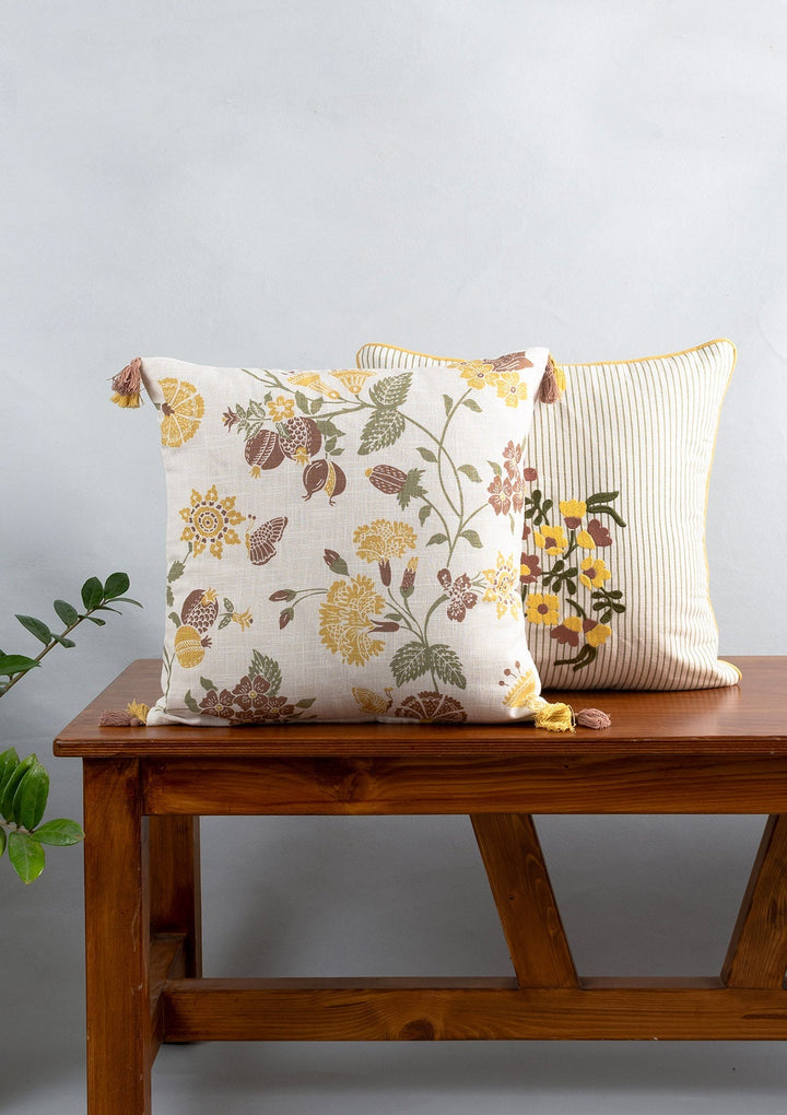 Waltz Multicolor Printed Floral Cushion Cover for Sofa with Tassels – 100% Cotton 16" x 16" | SHOBITAM