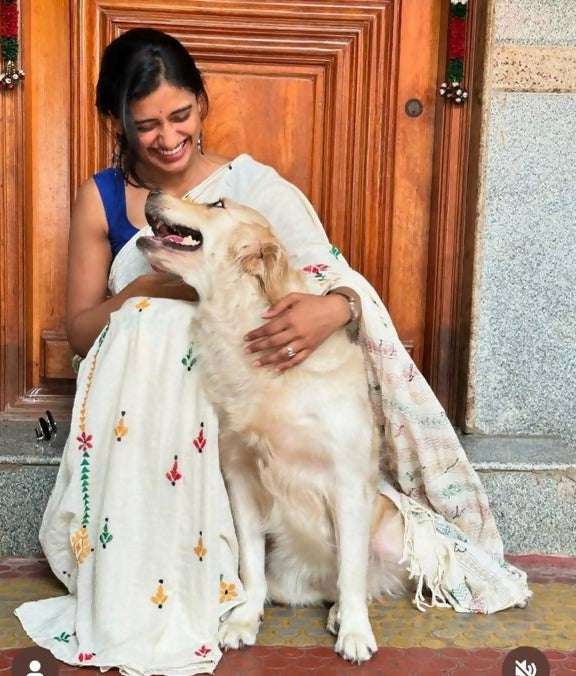 Ivory Kantha Stitch Embroidery Cotton Saree | SHOBITAM