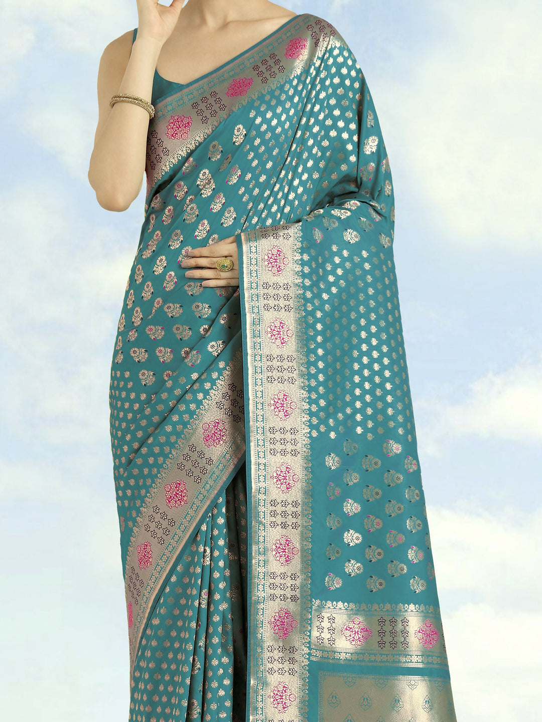 Cyan blue Colour Banarasi Satin  Silk Zari Weaving Saree | SHOBITAM