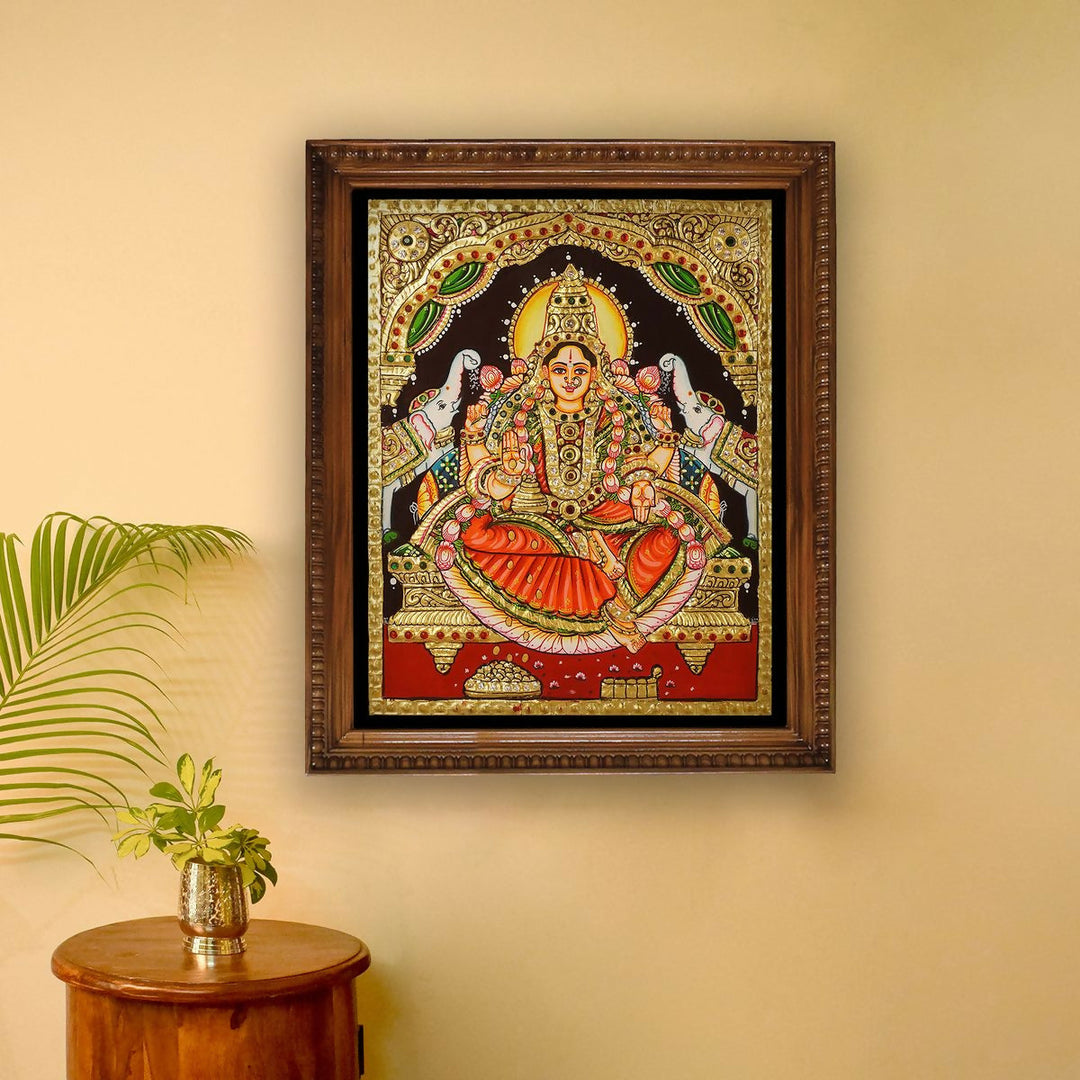 10x8" Gajalakshmi Tanjore Painting, Authentic With 22 Ct gold Foil and Jaipur Gemstones ,Unframed | SHOBITAM