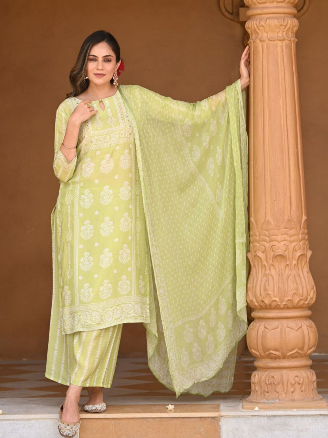 Pastel Green Muslin Suit Set with chiffon Dupatta - SET OF-3 | SHOBITAM