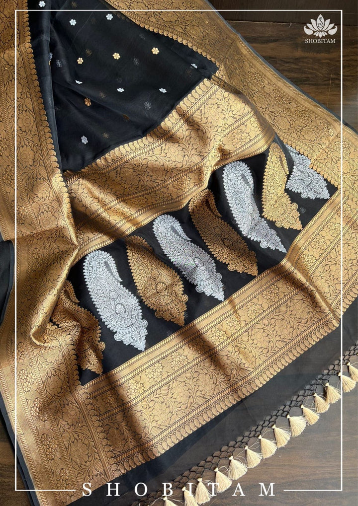 Exquisite Banarasi Kora Silk Saree in Black with Sona Rupa Zari and Resplendent Pallu  | SILK MARK CERTIFIED