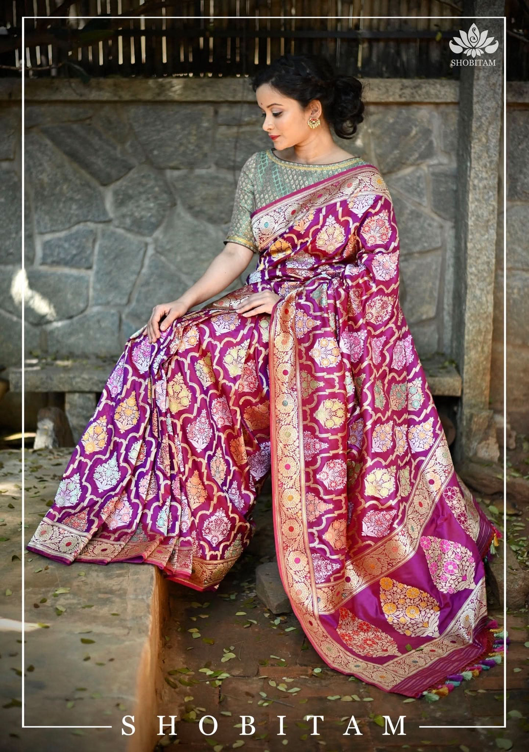 Authentic Kadhuwa Jungla Multi-color Meenakari Jaal Banarasi Silk Saree in Plum with Grand Pallu and Zari  | SILK MARK CERTIFIED
