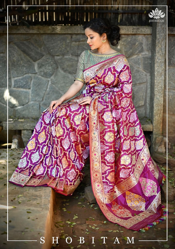 Authentic Kadhuwa Jungla Multi-color Meenakari Jaal Banarasi Silk Saree in Plum with Grand Pallu and Zari  | SILK MARK CERTIFIED