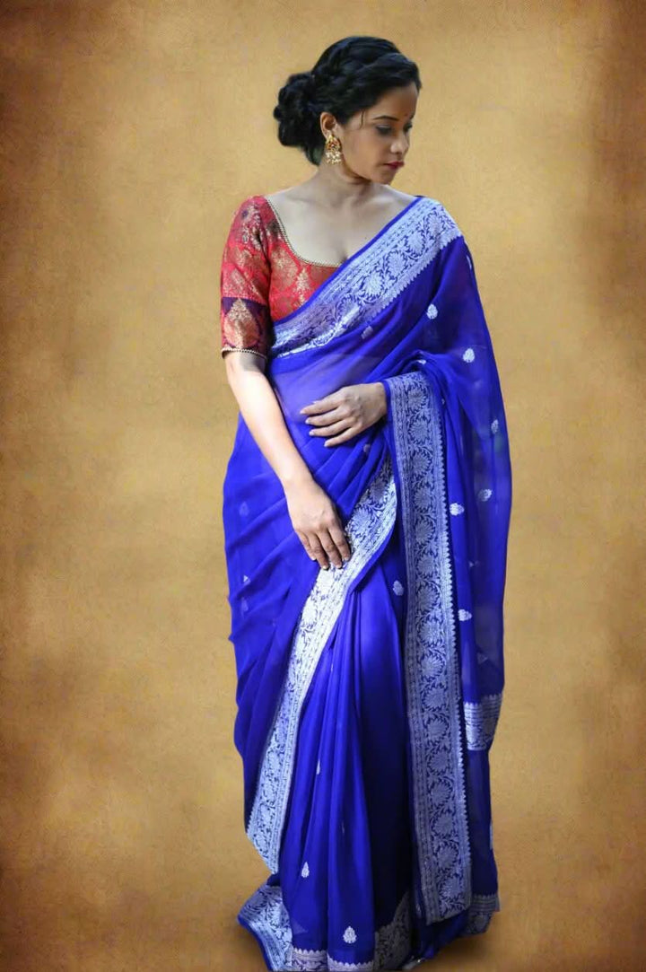 Banarasi Silk Chiffon Saree Handwoven in Royal Blue with Silver Zari | SILK MARK CERTIFIED
