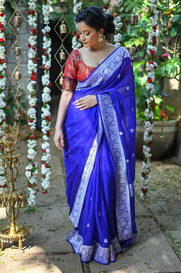 Banarasi Silk Chiffon Saree Handwoven in Royal Blue with Silver Zari | SILK MARK CERTIFIED