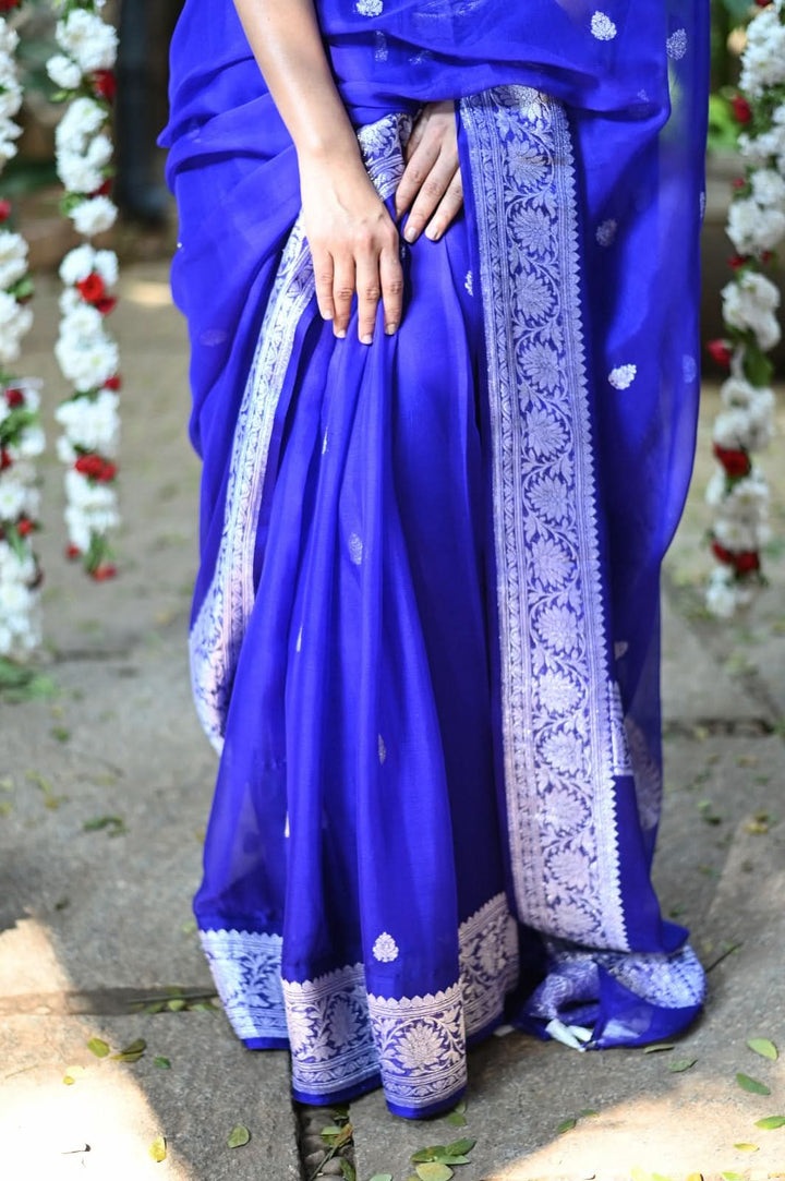 Banarasi Silk Chiffon Saree Handwoven in Royal Blue with Silver Zari | SILK MARK CERTIFIED