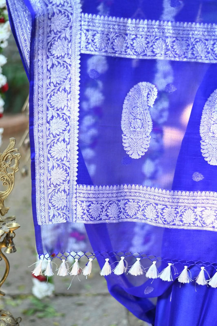Banarasi Silk Chiffon Saree Handwoven in Royal Blue with Silver Zari | SILK MARK CERTIFIED
