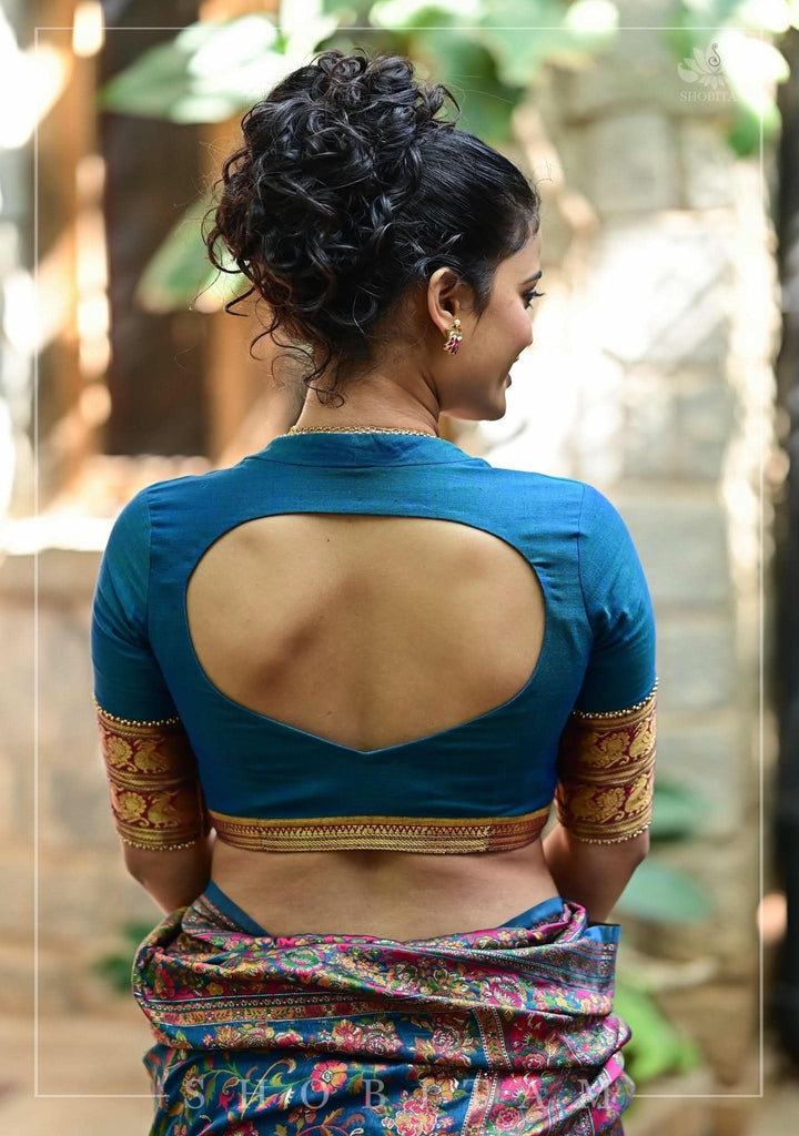 Teal Blue Narayanpet Cotton Blouse with cutout back and zari detailing