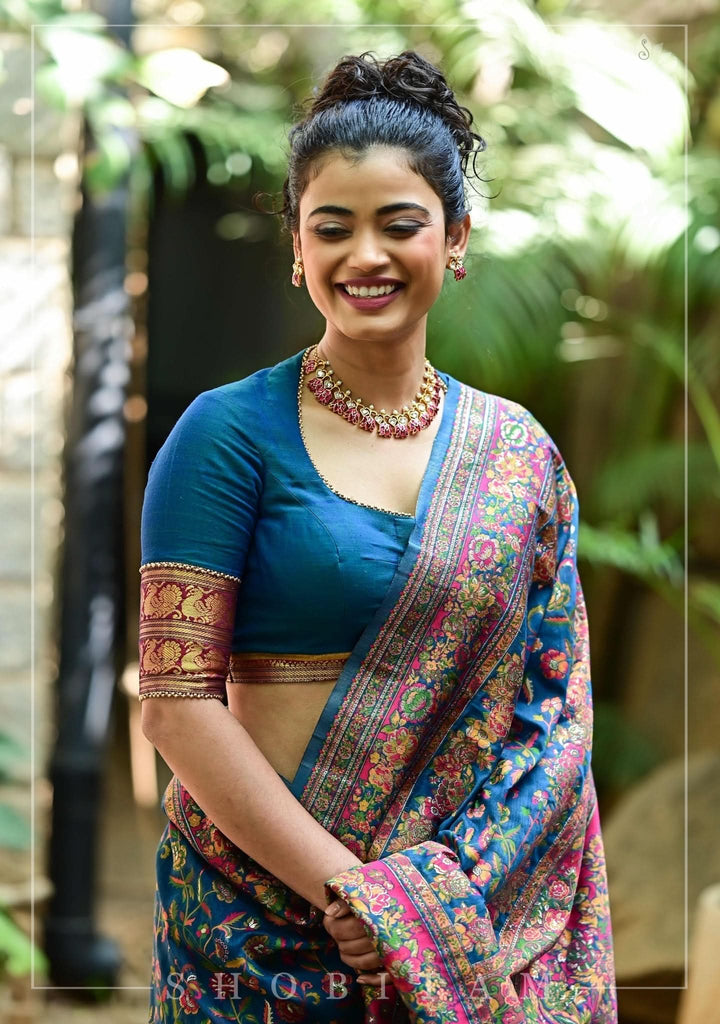 Teal Blue Narayanpet Cotton Blouse with cutout back and zari detailing