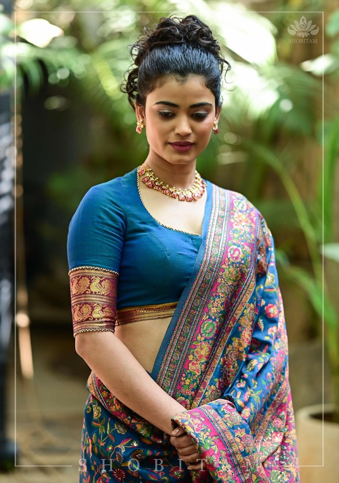 Teal Blue Narayanpet Cotton Blouse with cutout back and zari detailing