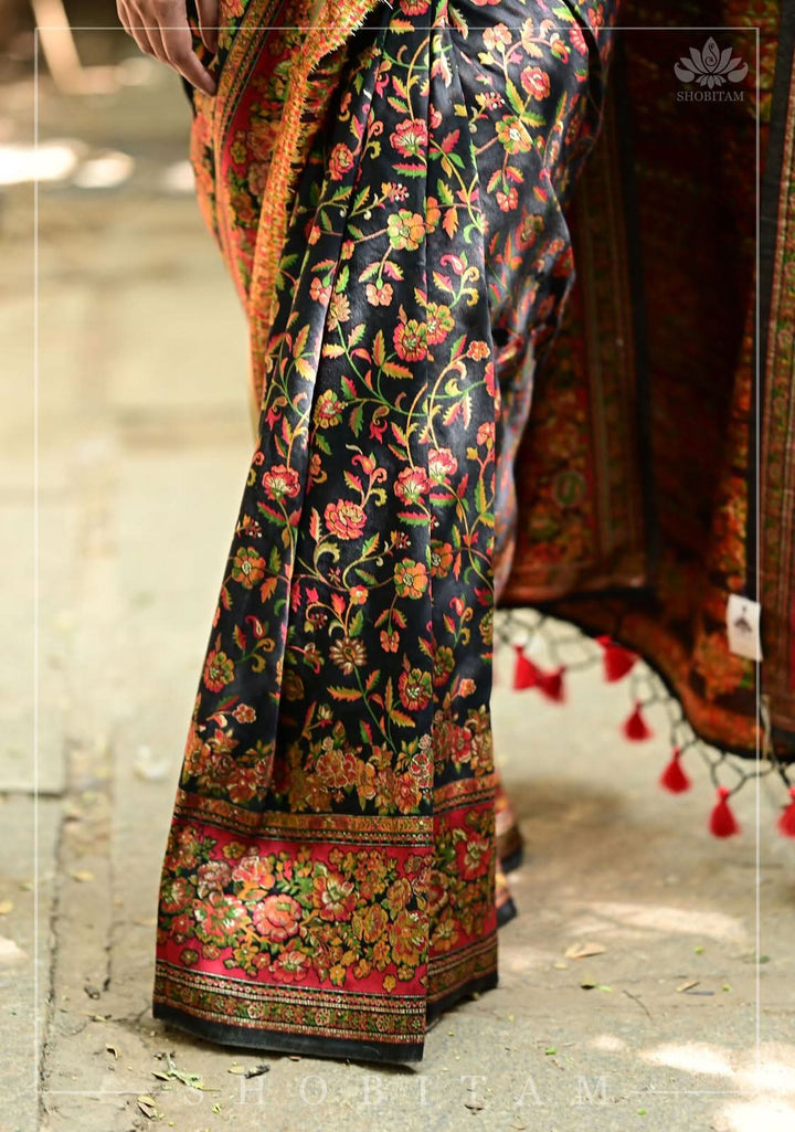 Kani Design with Floral Jaal in Black and Red Rayon Saree. Shobitam Unique Saree