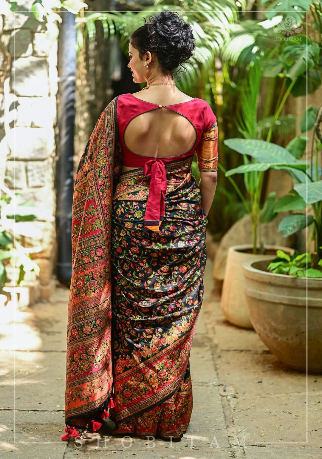 Kani Design with Floral Jaal in Black and Red Rayon Saree. Shobitam Unique Saree