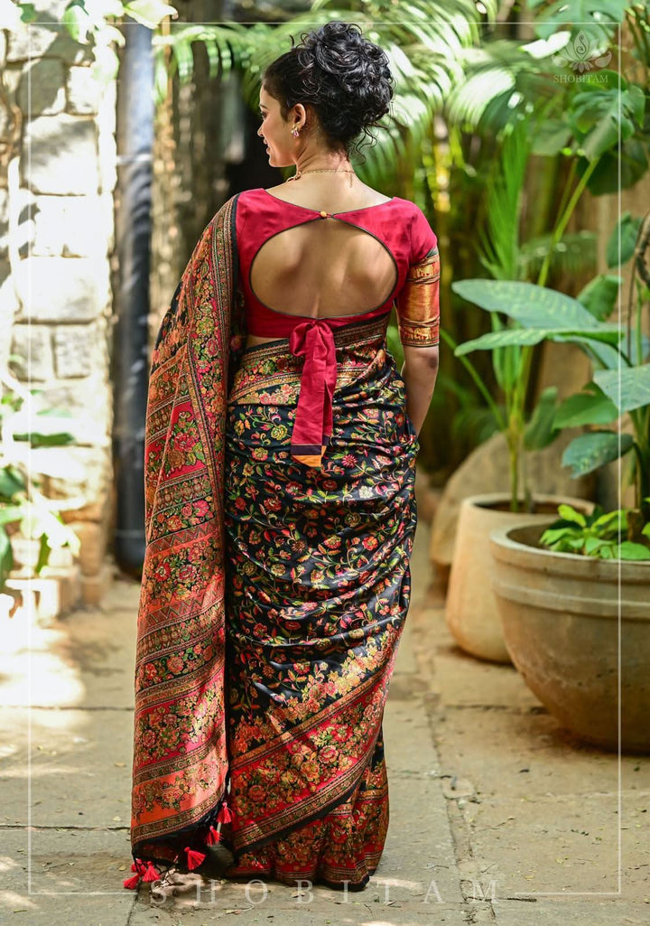 Kani Design with Floral Jaal in Black and Red Rayon Saree. Shobitam Unique Saree