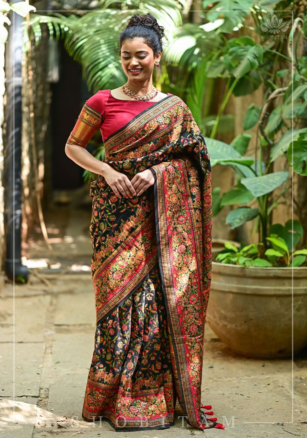 Kani Design with Floral Jaal in Black and Red Rayon Saree. Shobitam Unique Saree