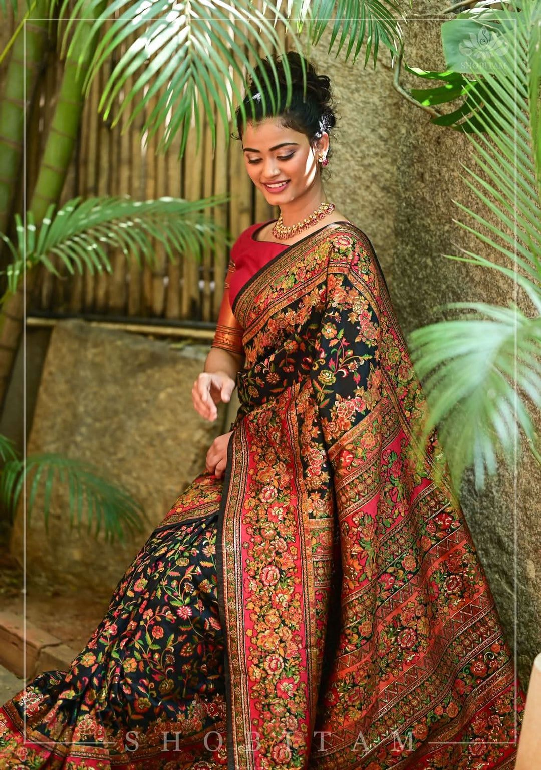 Kani Design with Floral Jaal in Black and Red Rayon Saree. Shobitam Unique Saree