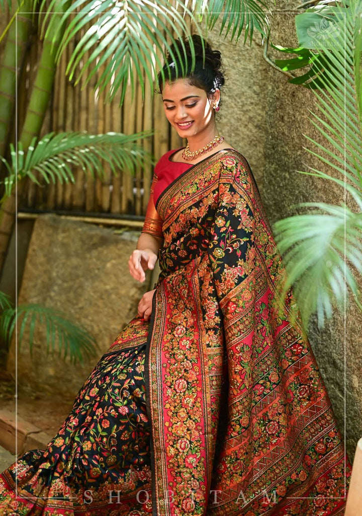 Kani Design with Floral Jaal in Black and Red Rayon Saree. Shobitam Unique Saree