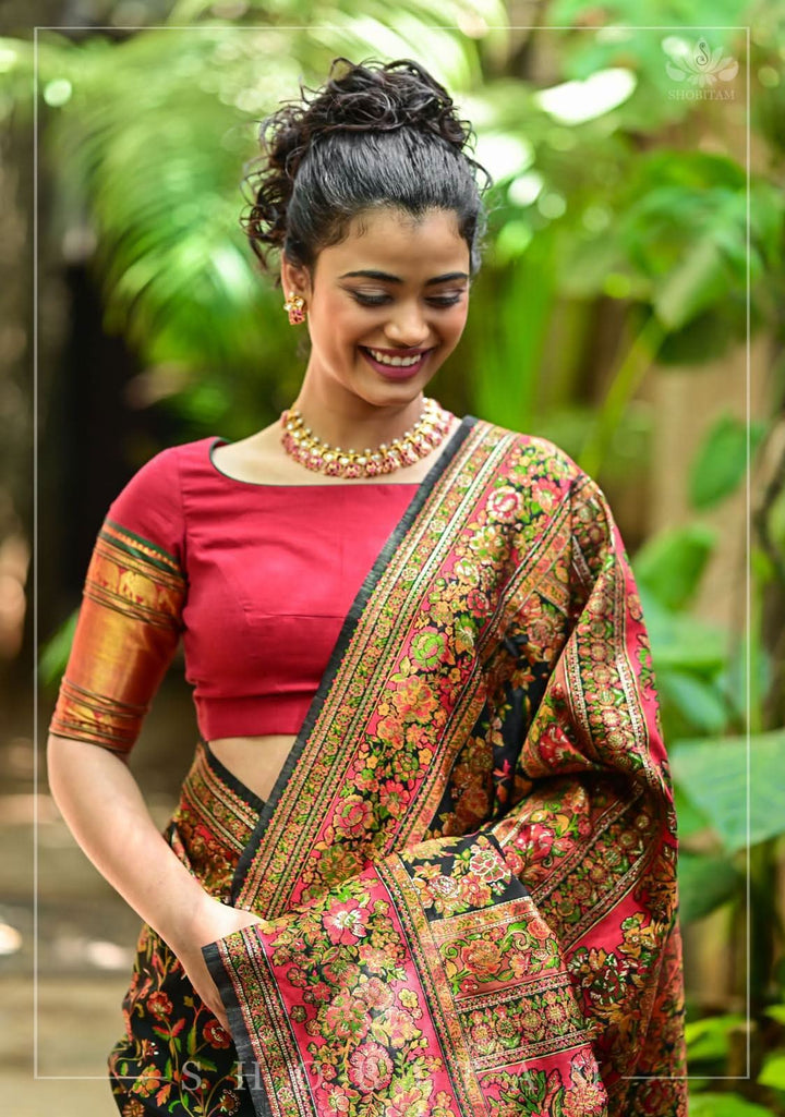 Kani Design with Floral Jaal in Black and Red Rayon Saree. Shobitam Unique Saree