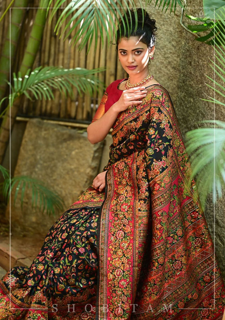 Kani Design with Floral Jaal in Black and Red Rayon Saree. Shobitam Unique Saree