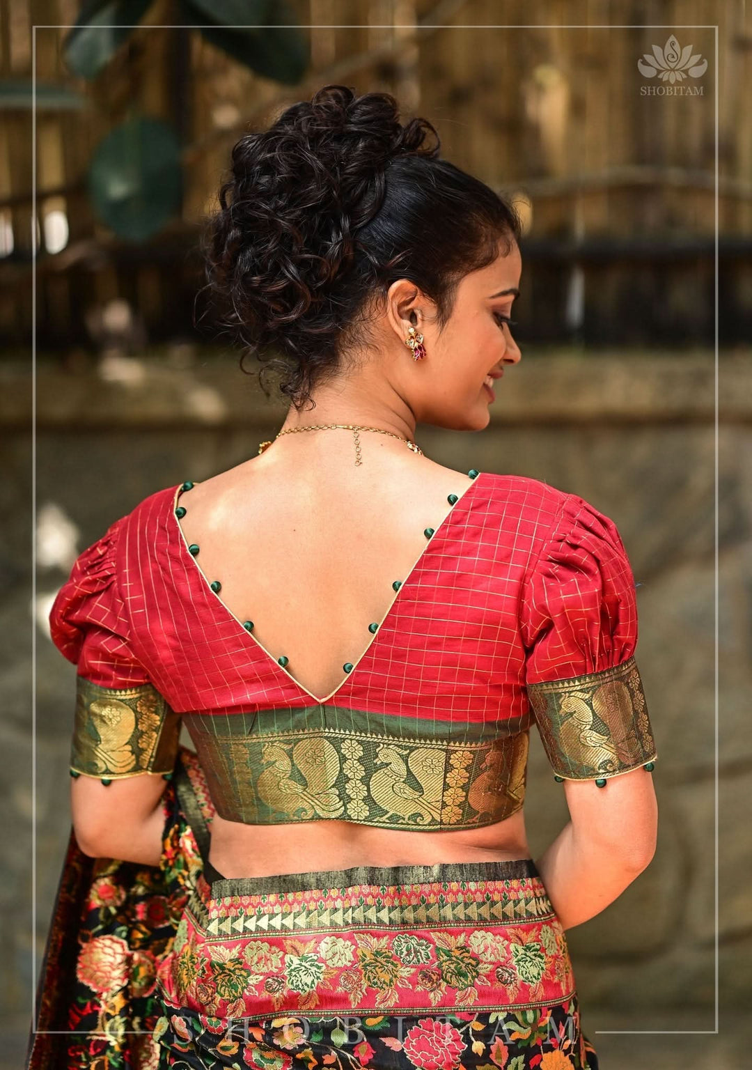 Red Green Plunge Neck Blouse in Chettinadu Cotton with Zari detailing