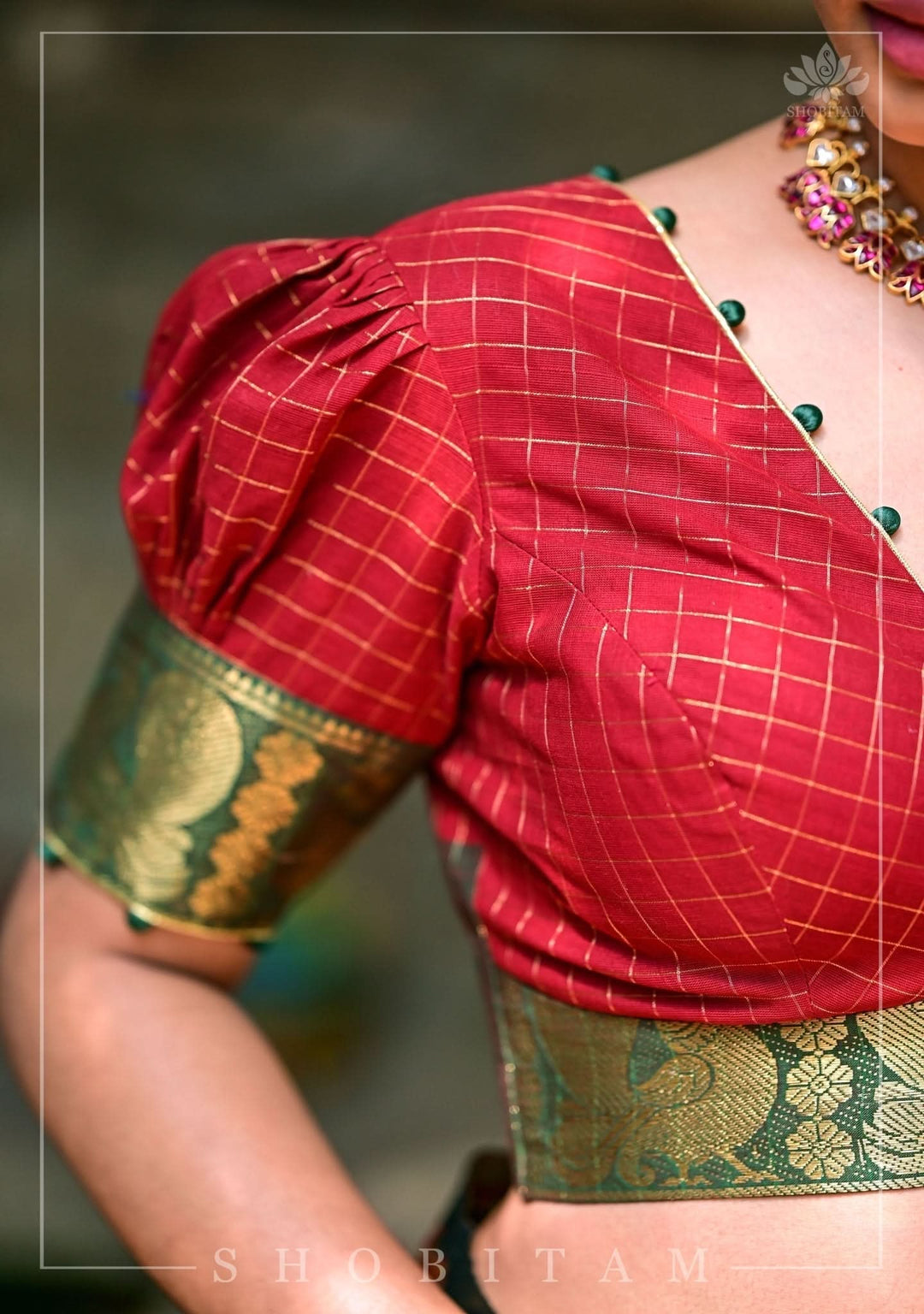 Red Green Plunge Neck Blouse in Chettinadu Cotton with Zari detailing