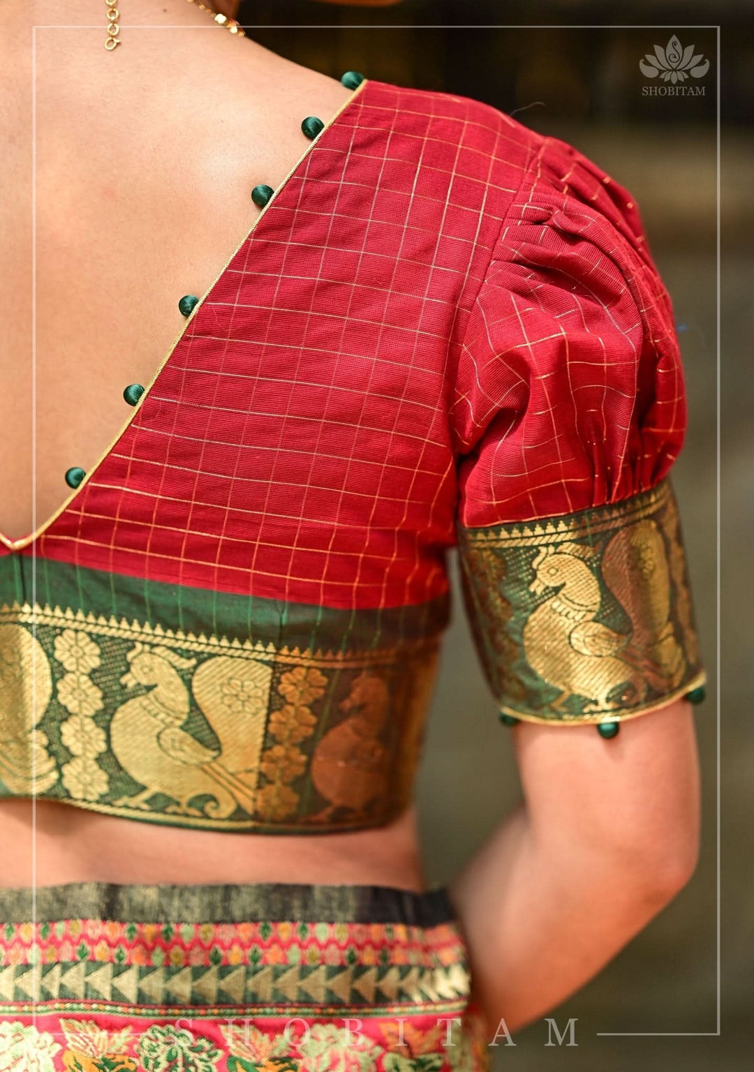 Red Green Plunge Neck Blouse in Chettinadu Cotton with Zari detailing