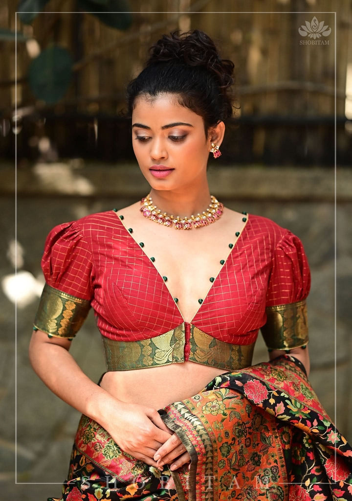 Red Green Plunge Neck Blouse in Chettinadu Cotton with Zari detailing
