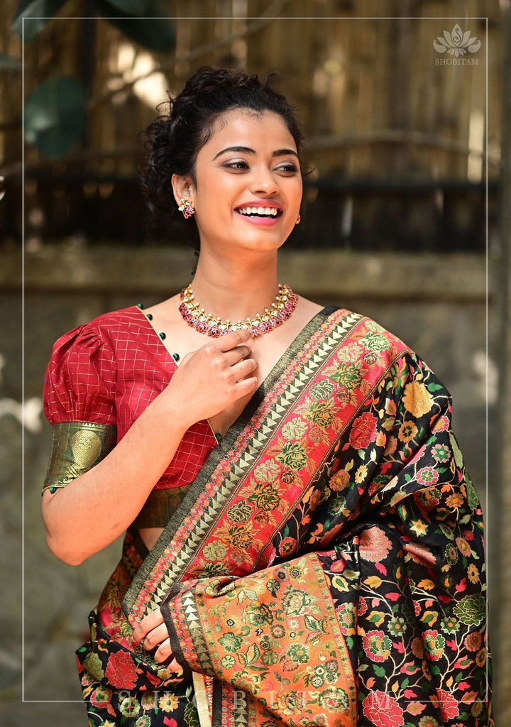 Kani Design with Floral Jaal in Black and Beige Rayon Saree| SHOBITAM