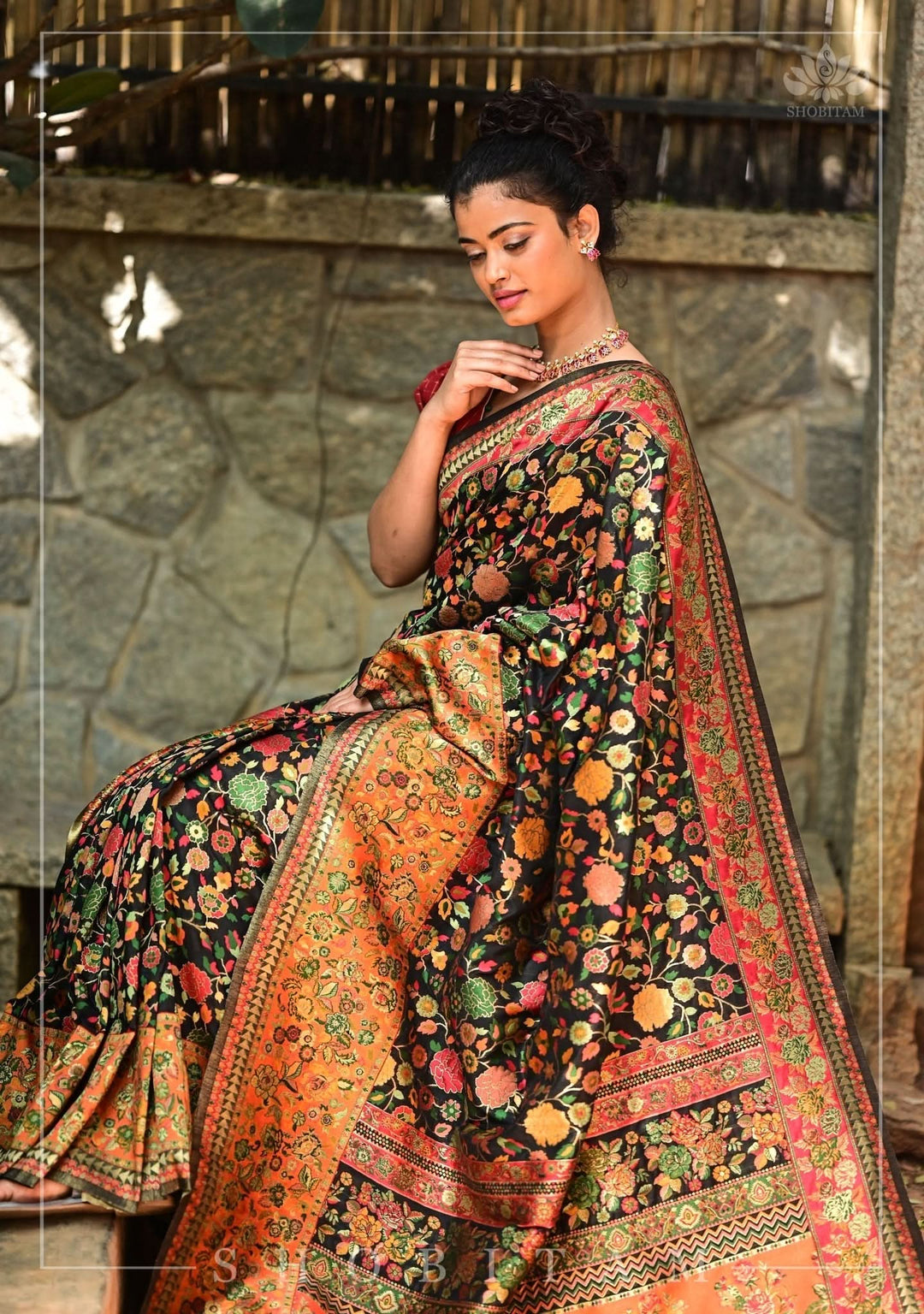 Kani Design with Floral Jaal in Black and Beige Rayon Saree| SHOBITAM