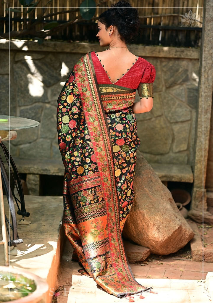 Kani Design with Floral Jaal in Black and Beige Rayon Saree| SHOBITAM