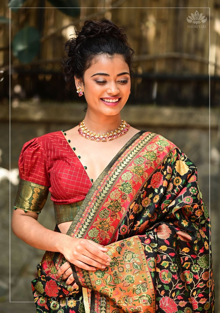 Kani Design with Floral Jaal in Black and Beige Rayon Saree| SHOBITAM