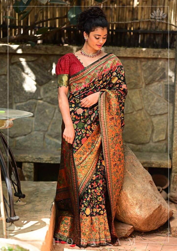 Kani Design with Floral Jaal in Black and Beige Rayon Saree| SHOBITAM