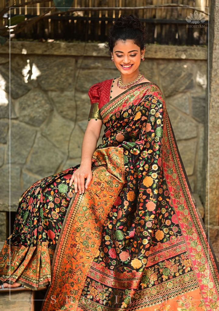 Kani Design with Floral Jaal in Black and Beige Rayon Saree| SHOBITAM