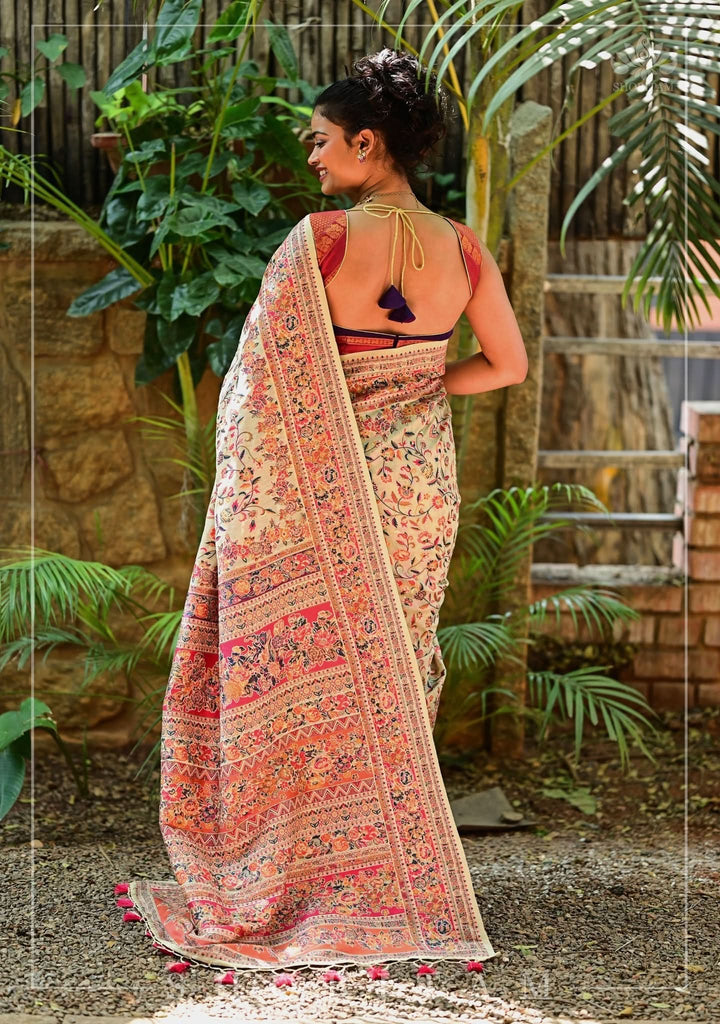 Unique Kani Design with Floral Jaal in Beige and Red Rayon Saree. Shobitam Unique Saree