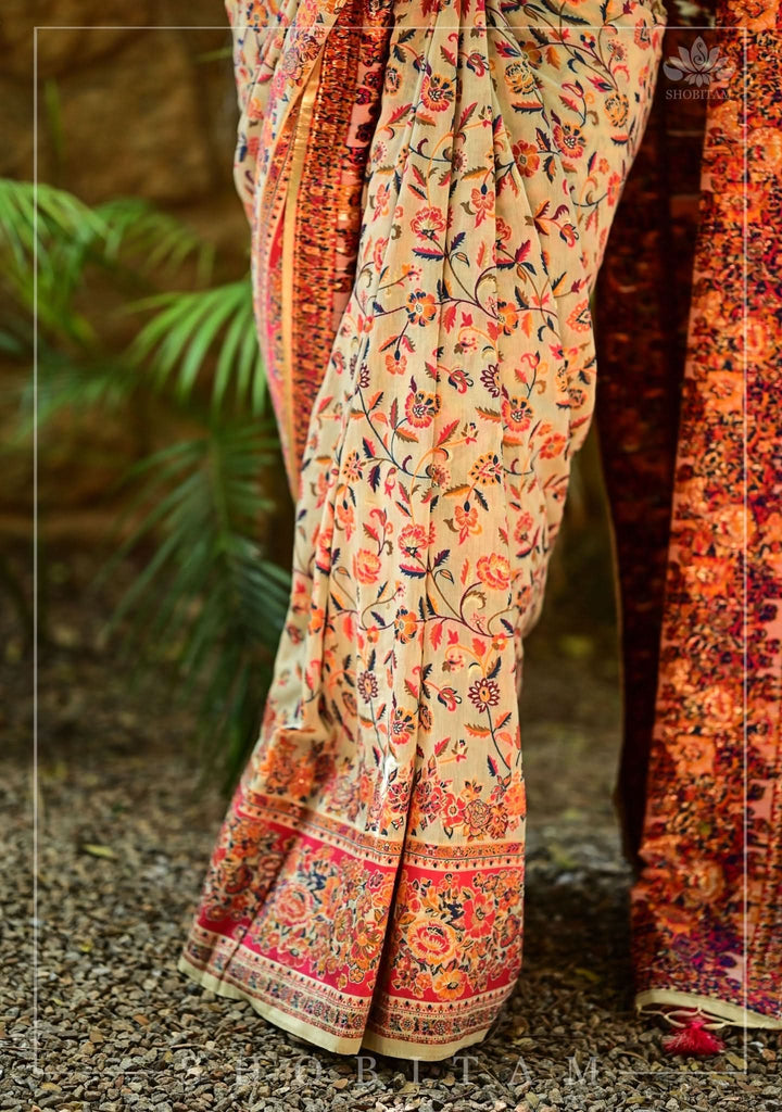 Unique Kani Design with Floral Jaal in Beige and Red Rayon Saree. Shobitam Unique Saree