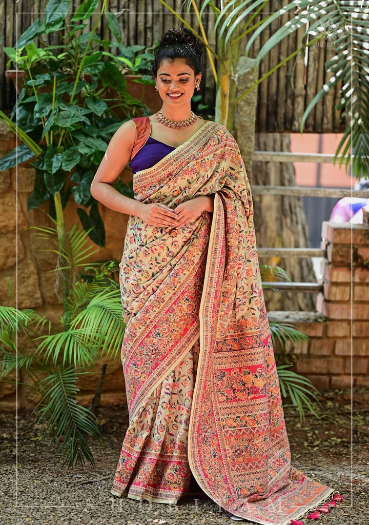 Unique Kani Design with Floral Jaal in Beige and Red Rayon Saree. Shobitam Unique Saree