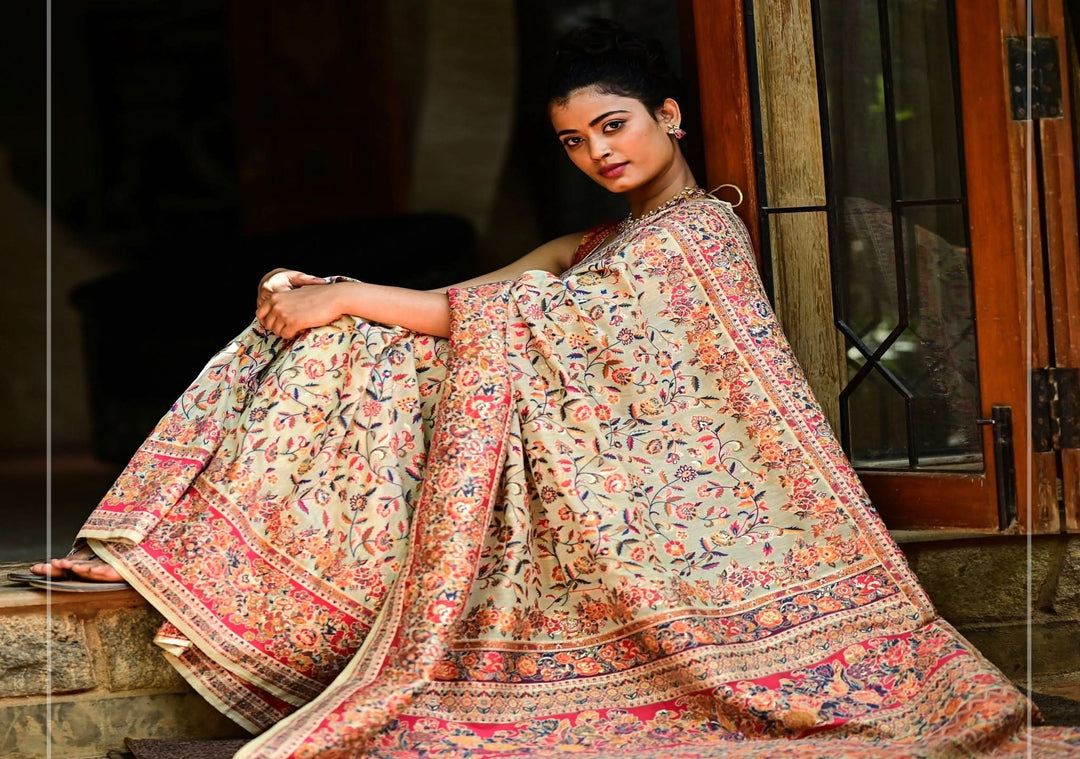 Unique Kani Design with Floral Jaal in Beige and Red Rayon Saree. Shobitam Unique Saree