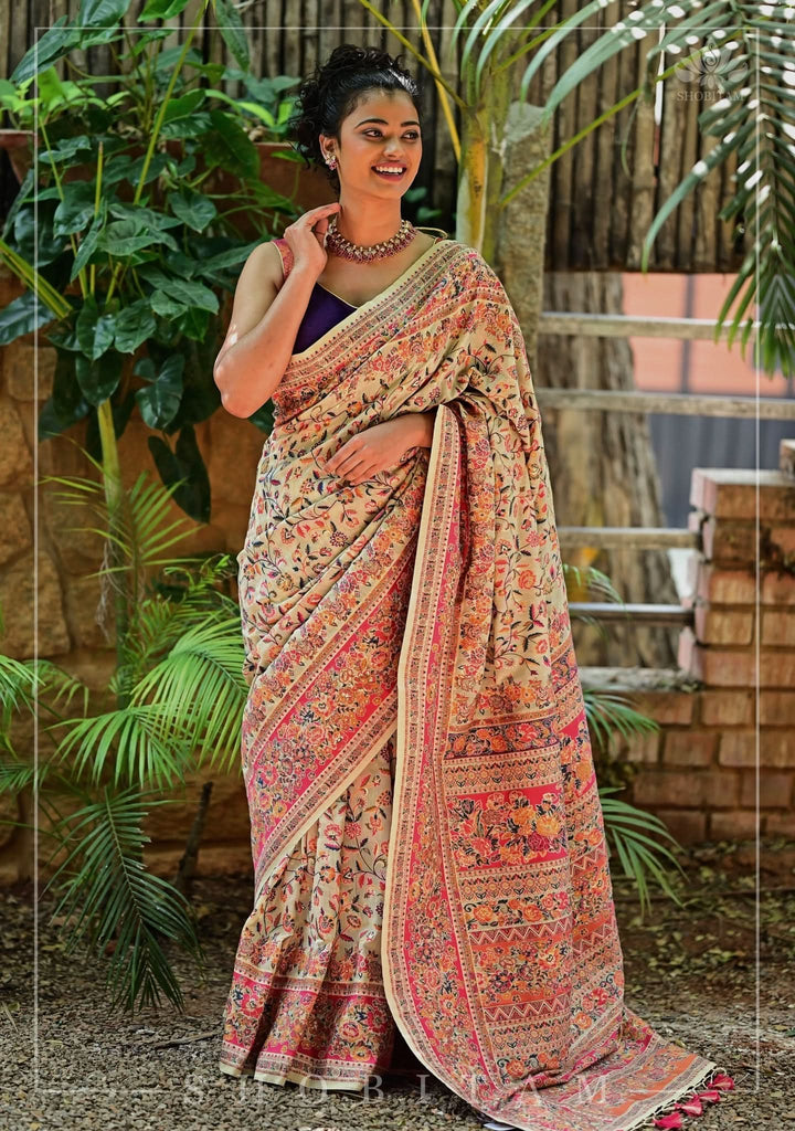 Unique Kani Design with Floral Jaal in Beige and Red Rayon Saree. Shobitam Unique Saree