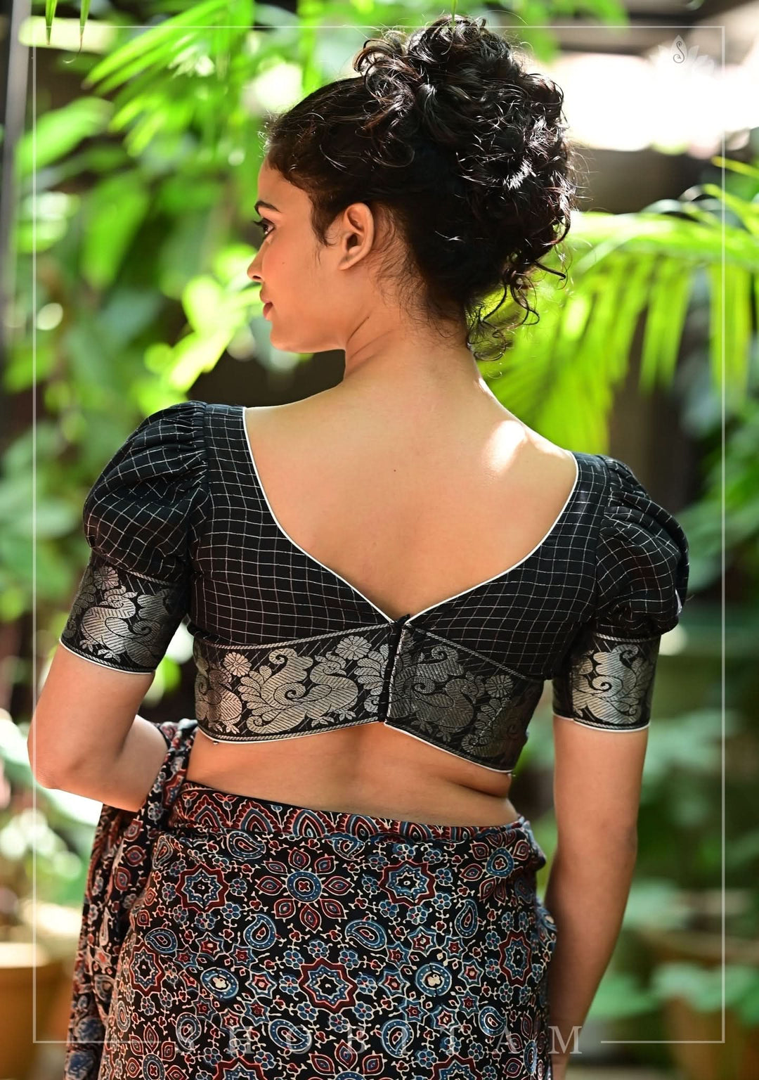 Black Madurai Cotton with SIlver Zari Checks Blouse featuring sweetheart neck and puff sleeves