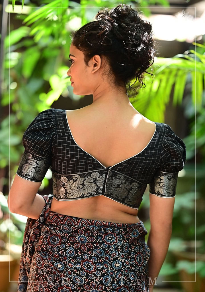 Black Madurai Cotton with SIlver Zari Checks Blouse featuring sweetheart neck and puff sleeves