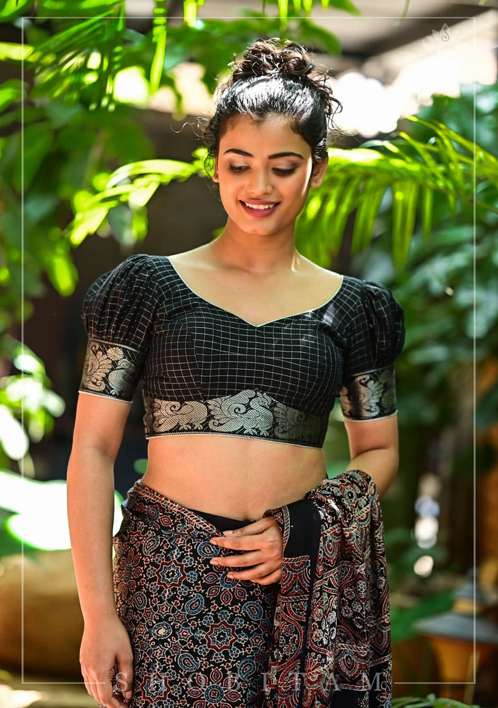 Black Madurai Cotton with SIlver Zari Checks Blouse featuring sweetheart neck and puff sleeves