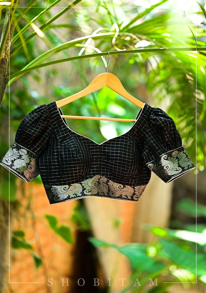 Black Madurai Cotton with SIlver Zari Checks Blouse featuring sweetheart neck and puff sleeves