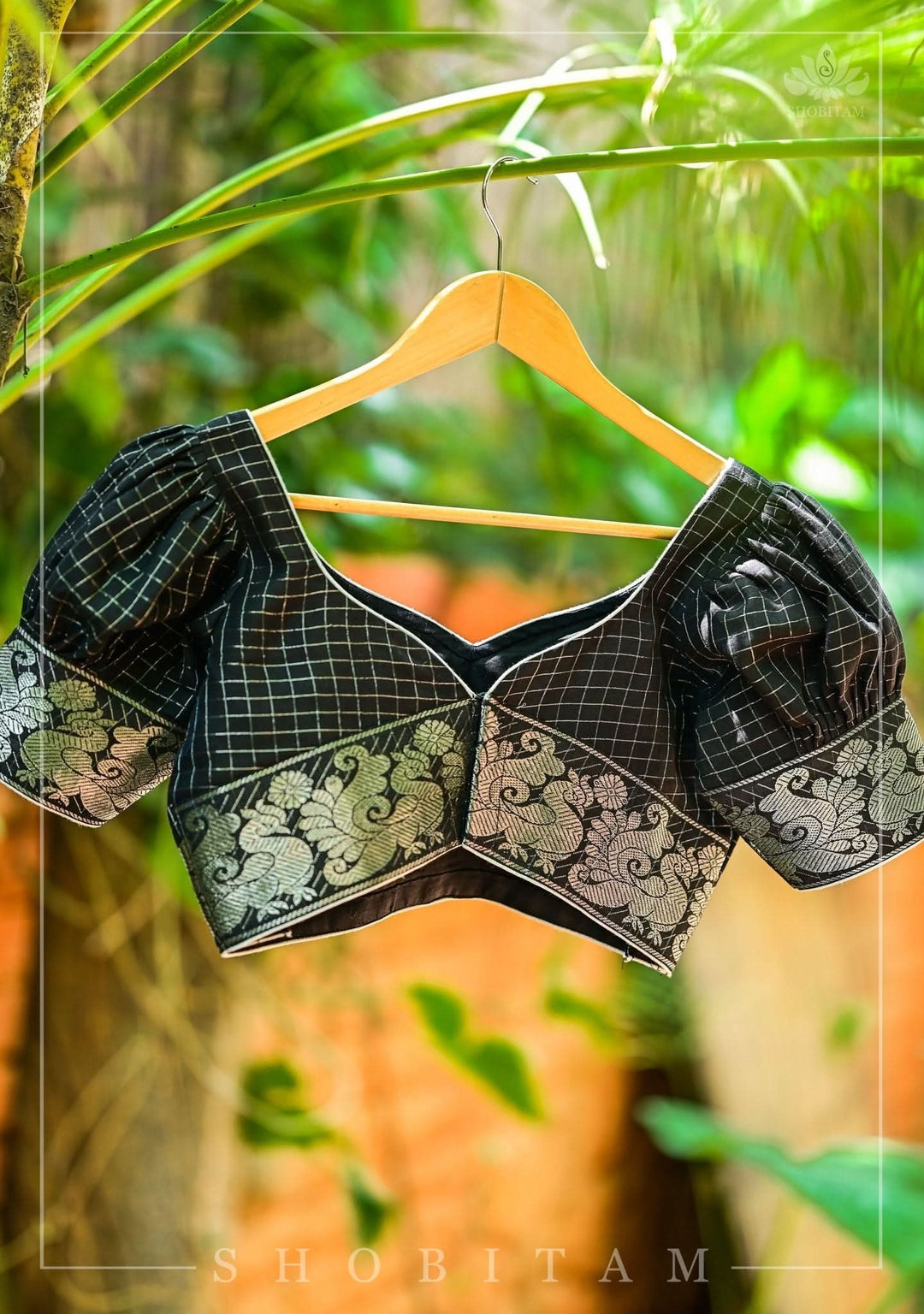 Black Madurai Cotton with SIlver Zari Checks Blouse featuring sweetheart neck and puff sleeves