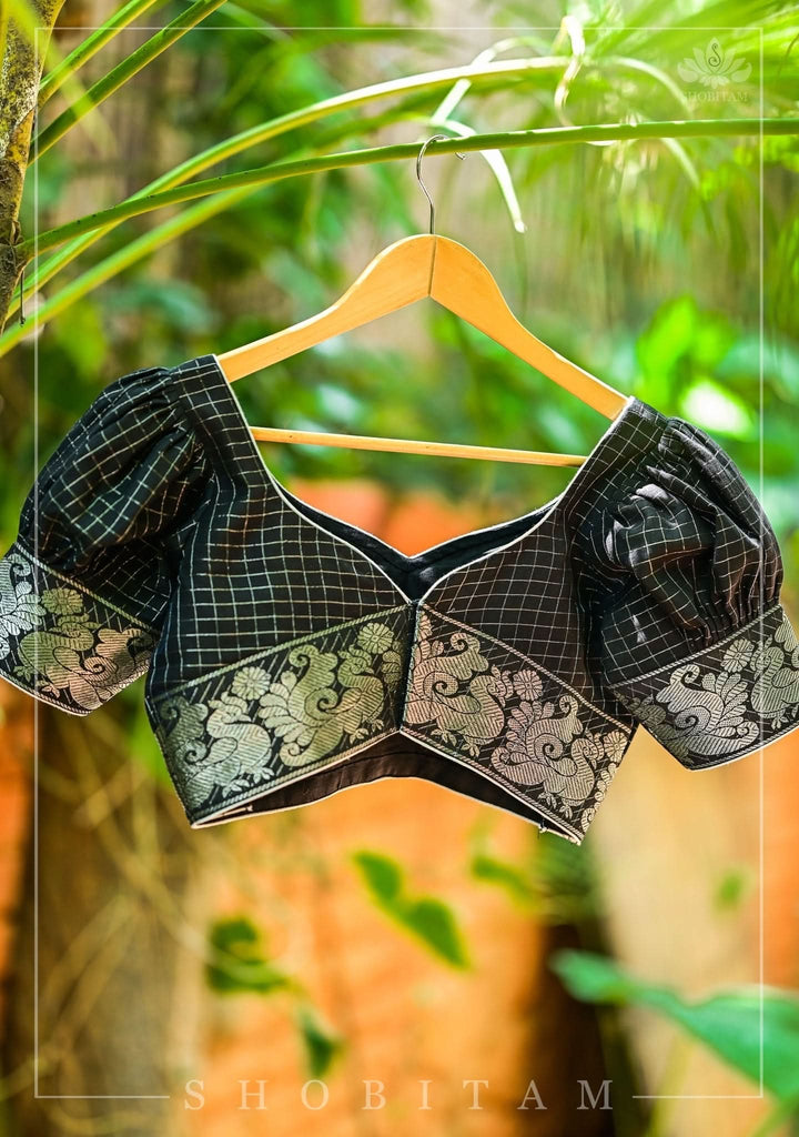 Black Madurai Cotton with SIlver Zari Checks Blouse featuring sweetheart neck and puff sleeves