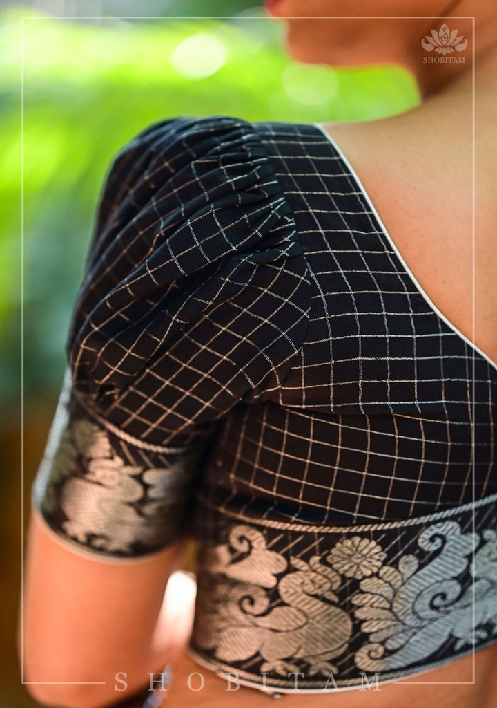 Black Madurai Cotton with SIlver Zari Checks Blouse featuring sweetheart neck and puff sleeves